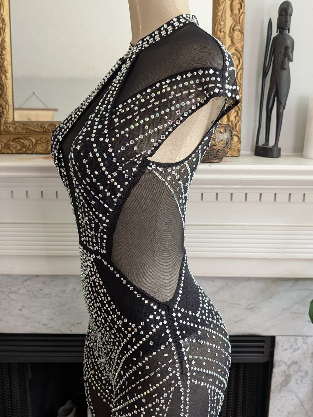 Fashion Nova Sheer Black Rhinestone Yara Bodysuit Size S Mesh Stretch Rave Bling - Picture 9 of 12